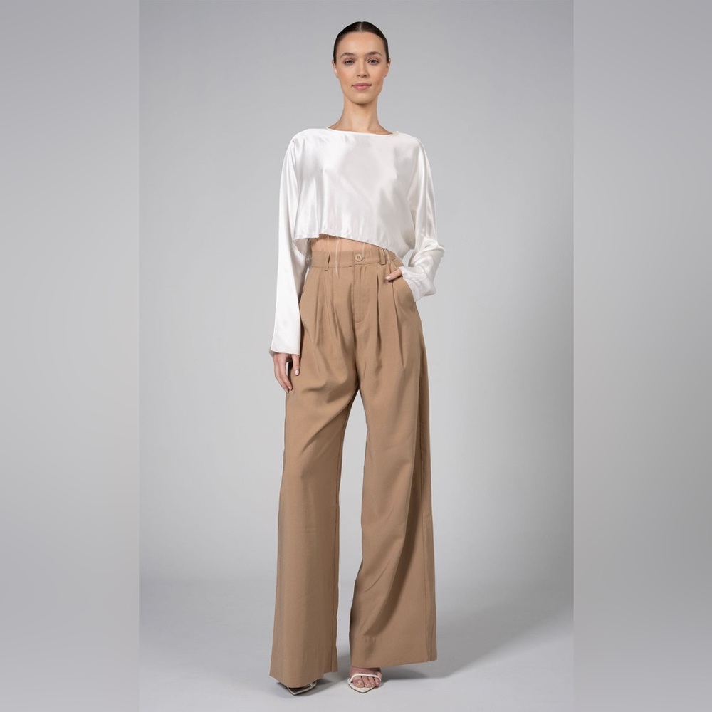 NONchalant Beige High-Waist Wide-Leg Trousers